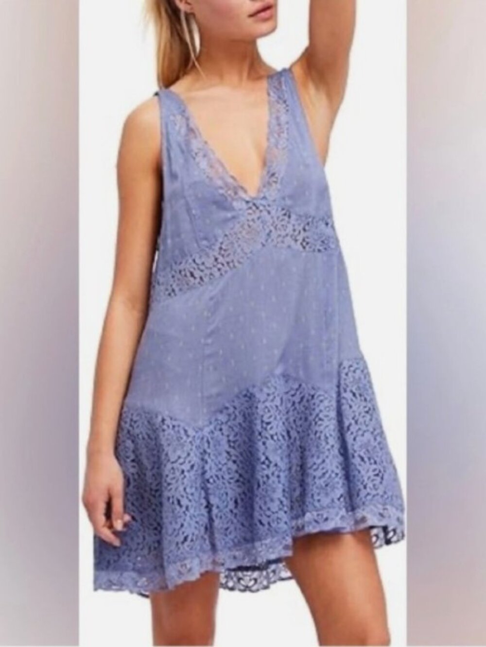 Free People Intimately Blue Lace Slip Dress | Boho Babydoll Mini | Flowy Tunic